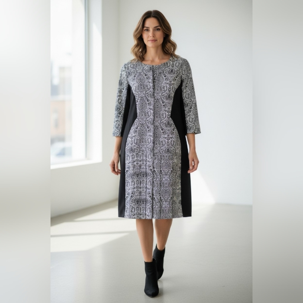 RUMAOS ATELIE Chic Monochrome 3/4 Sleeve Dress LENGTH 36" BUST36" WAIST38"